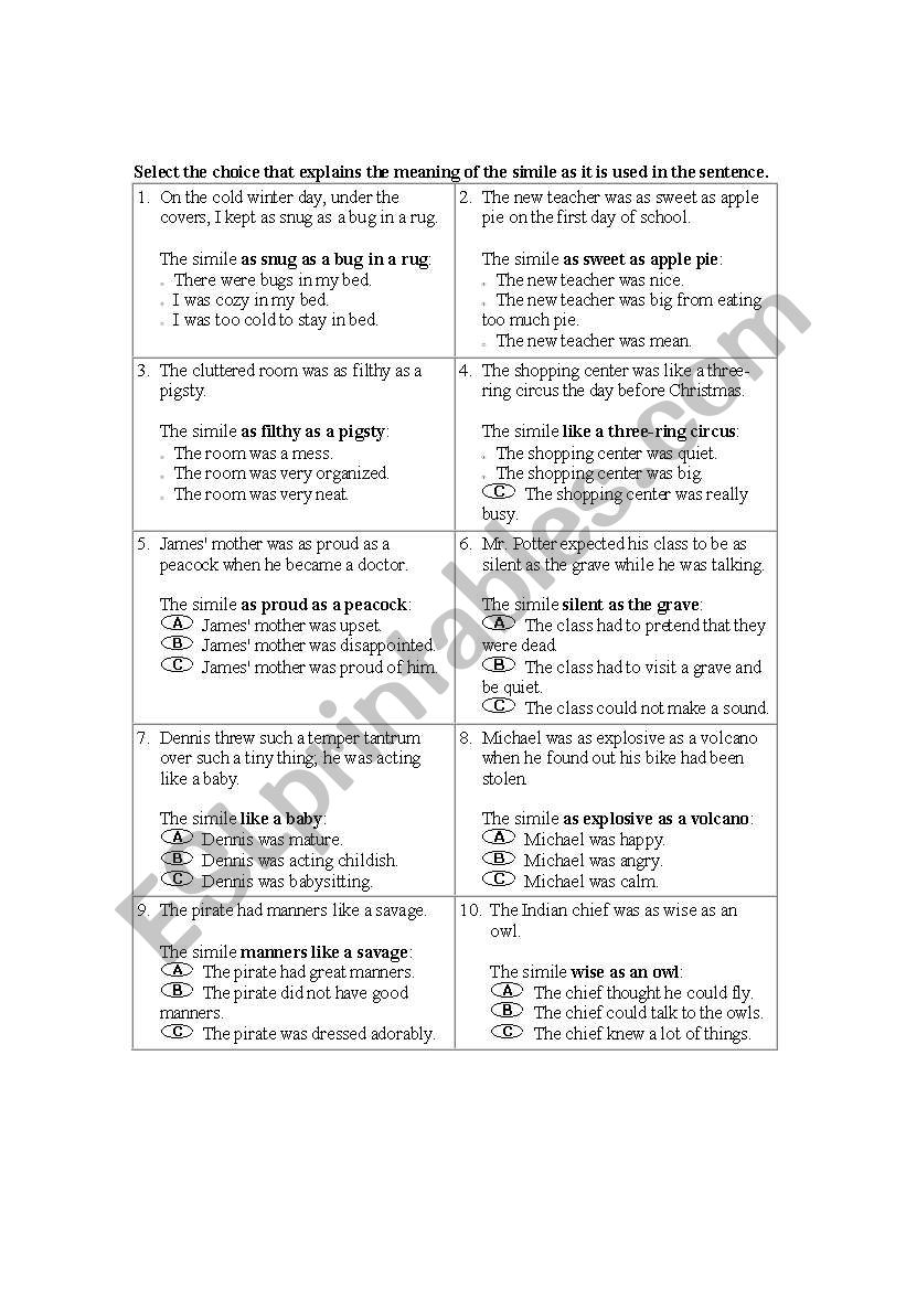 80 Printable Simile And Metaphor Worksheets 58