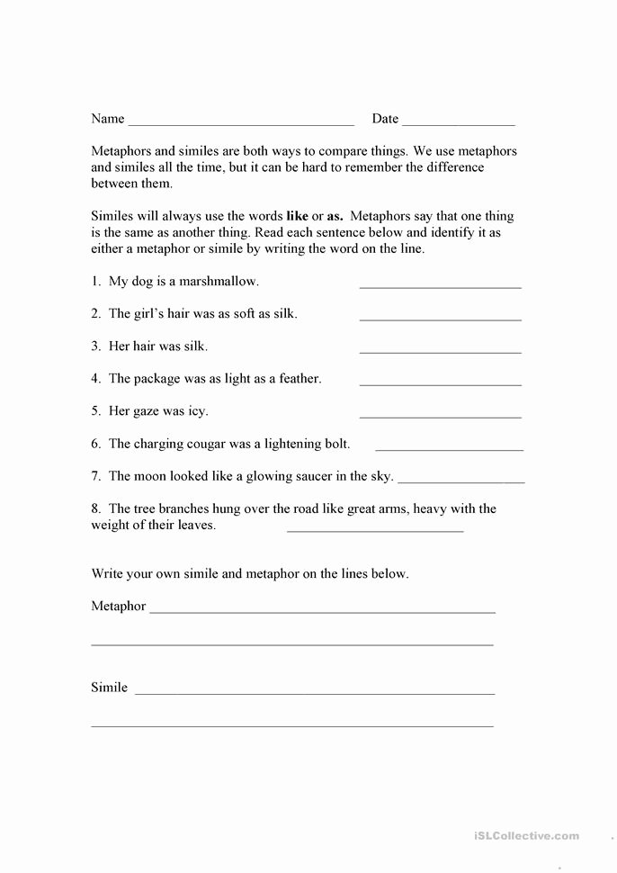 80 Printable Simile And Metaphor Worksheets 69