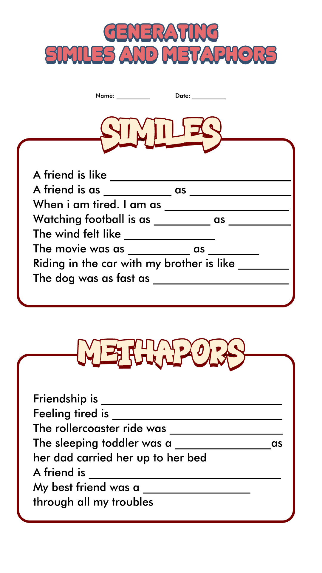 80 Printable Simile And Metaphor Worksheets 72