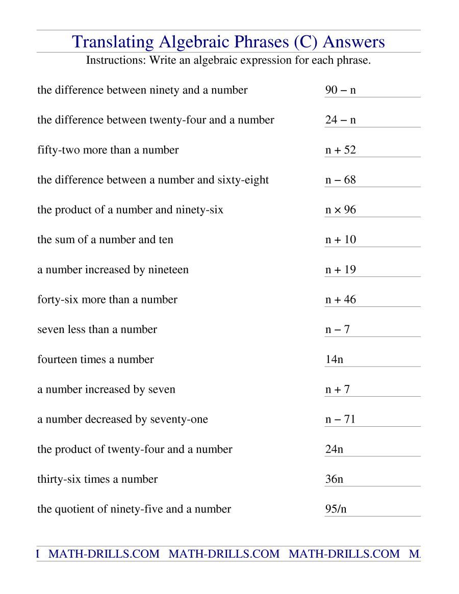 90 Printable Translating Algebraic Expressions Worksheet 1