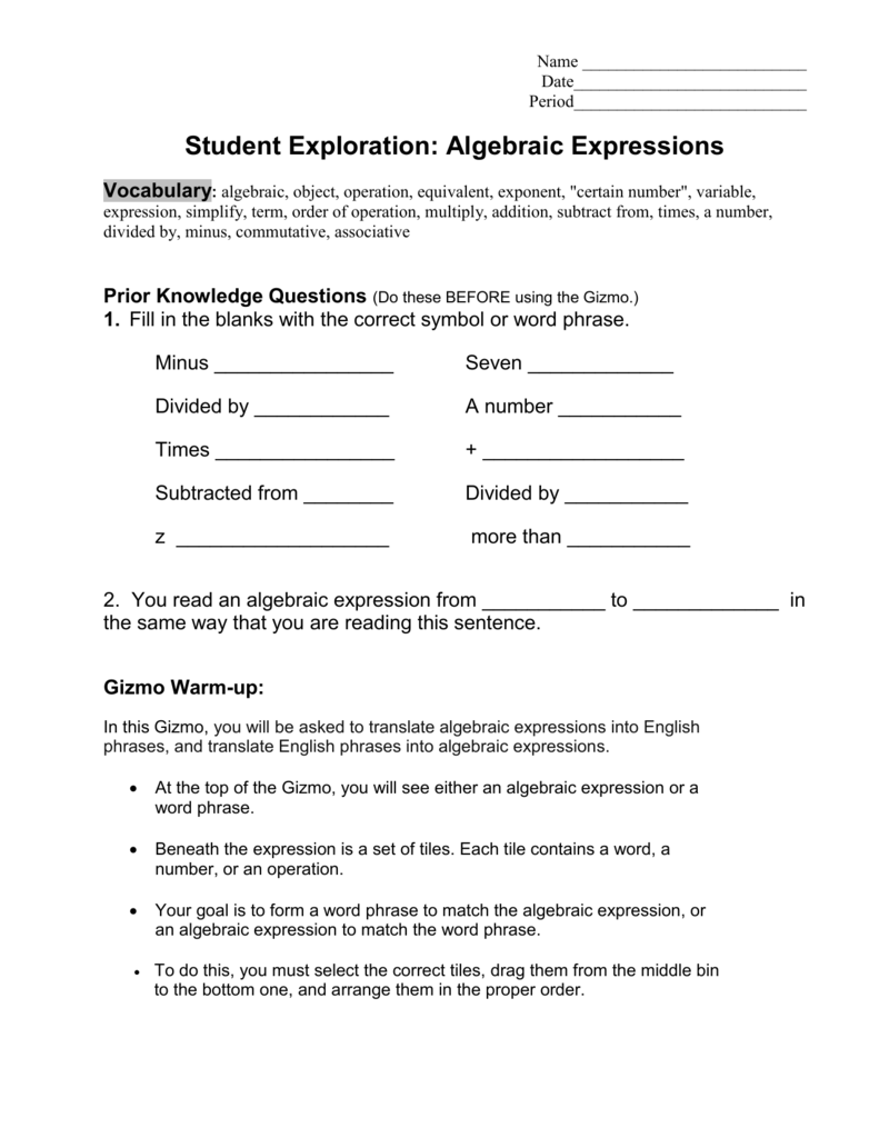 90 Printable Translating Algebraic Expressions Worksheet 10