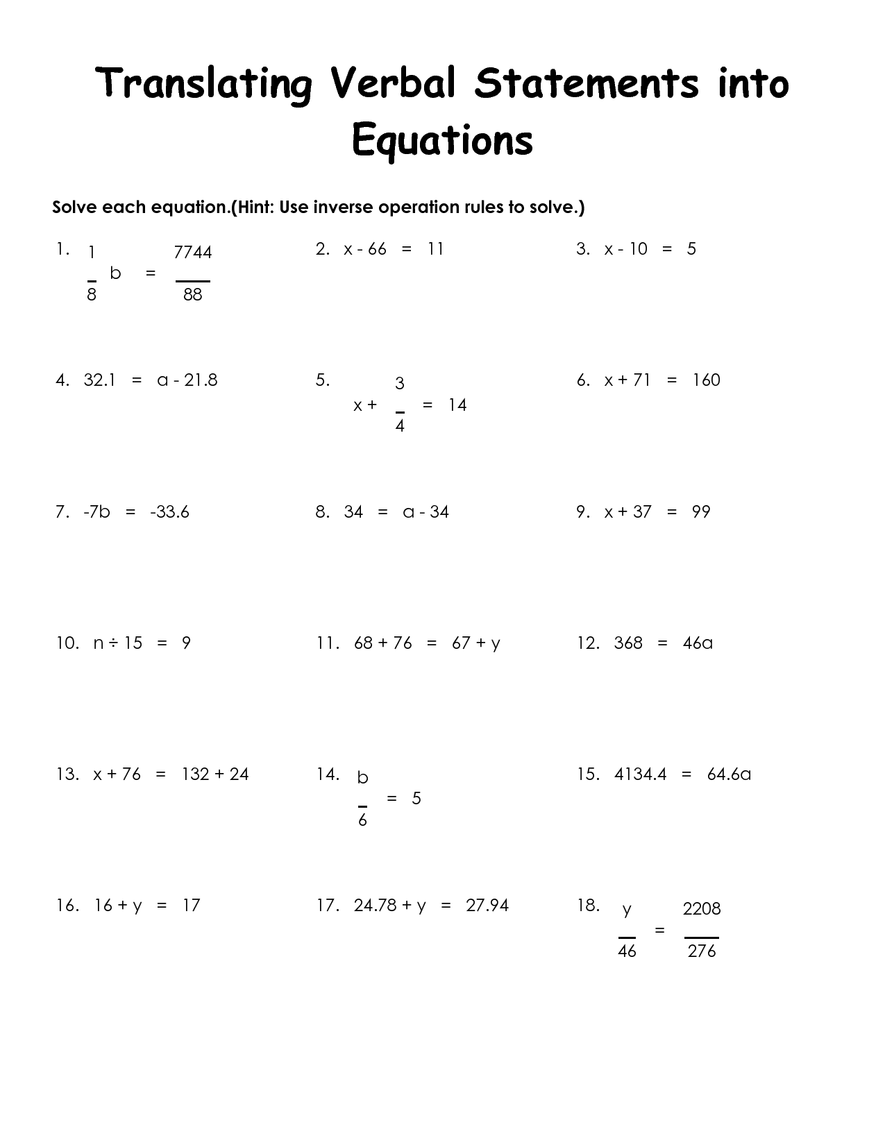 90 Printable Translating Algebraic Expressions Worksheet 11