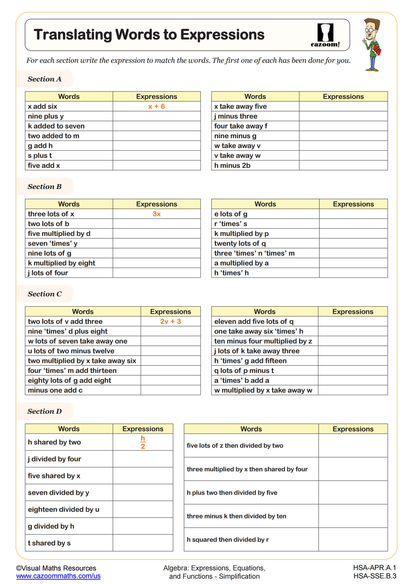 90 Printable Translating Algebraic Expressions Worksheet 12