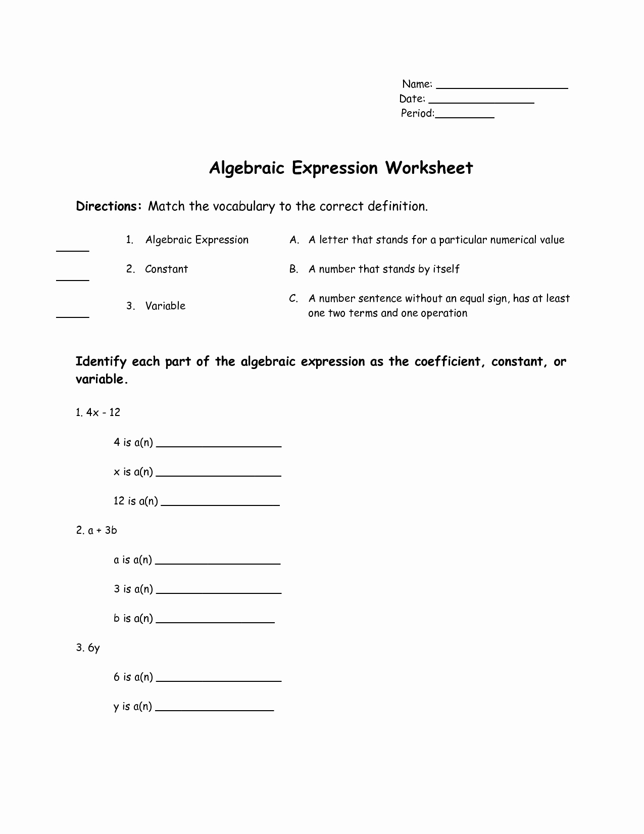 90 Printable Translating Algebraic Expressions Worksheet 15