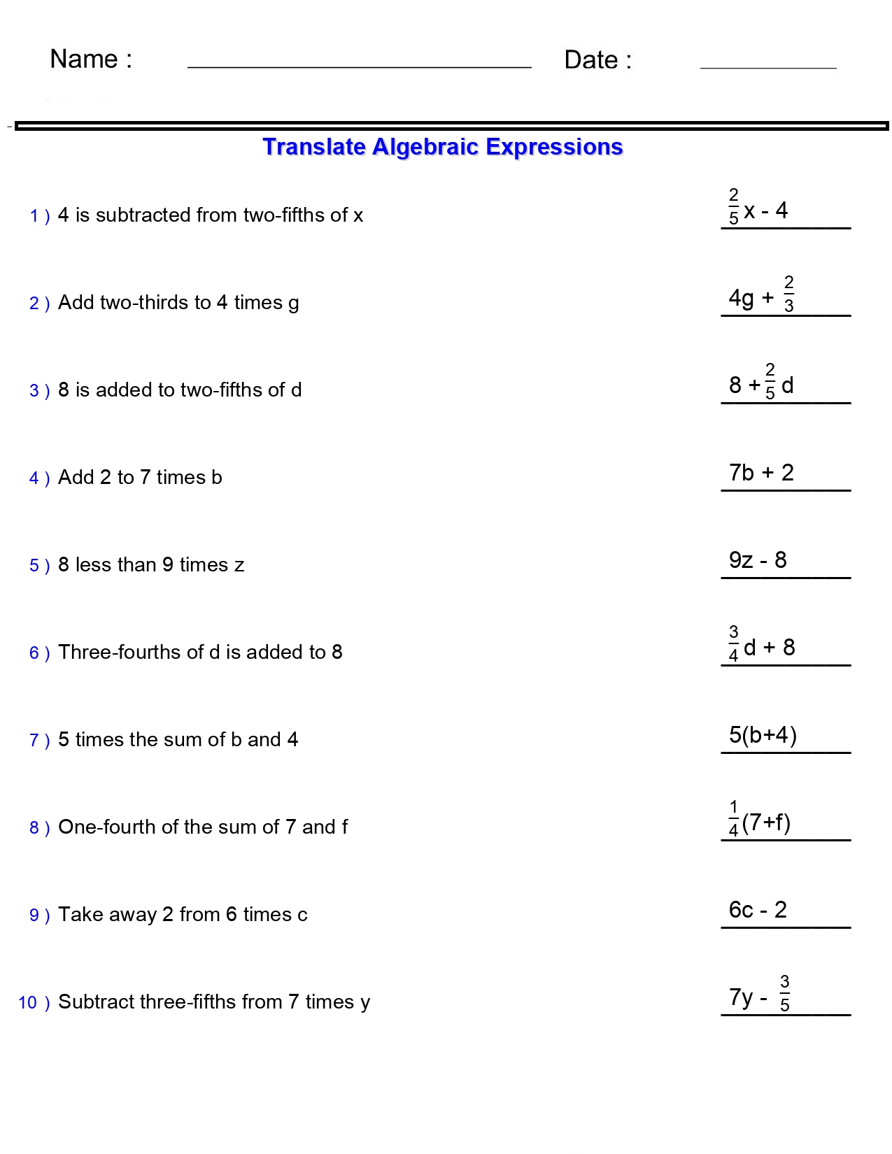 90 Printable Translating Algebraic Expressions Worksheet 24