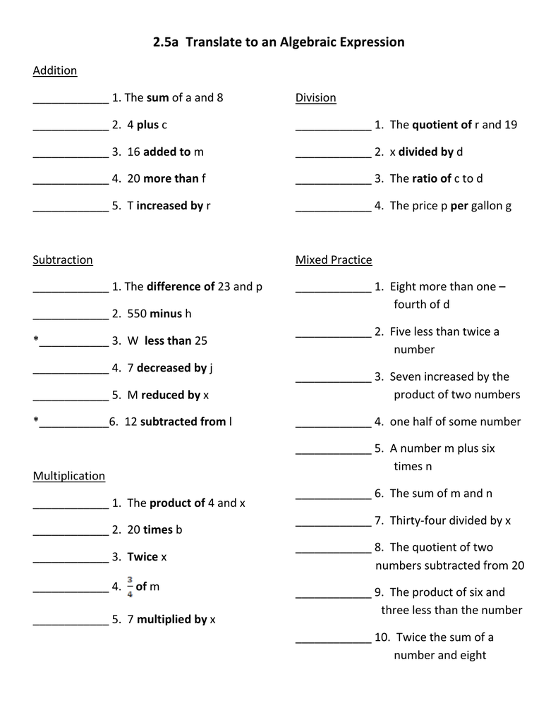 90 Printable Translating Algebraic Expressions Worksheet 26