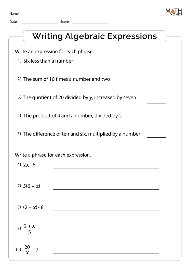 90 Printable Translating Algebraic Expressions Worksheet 30