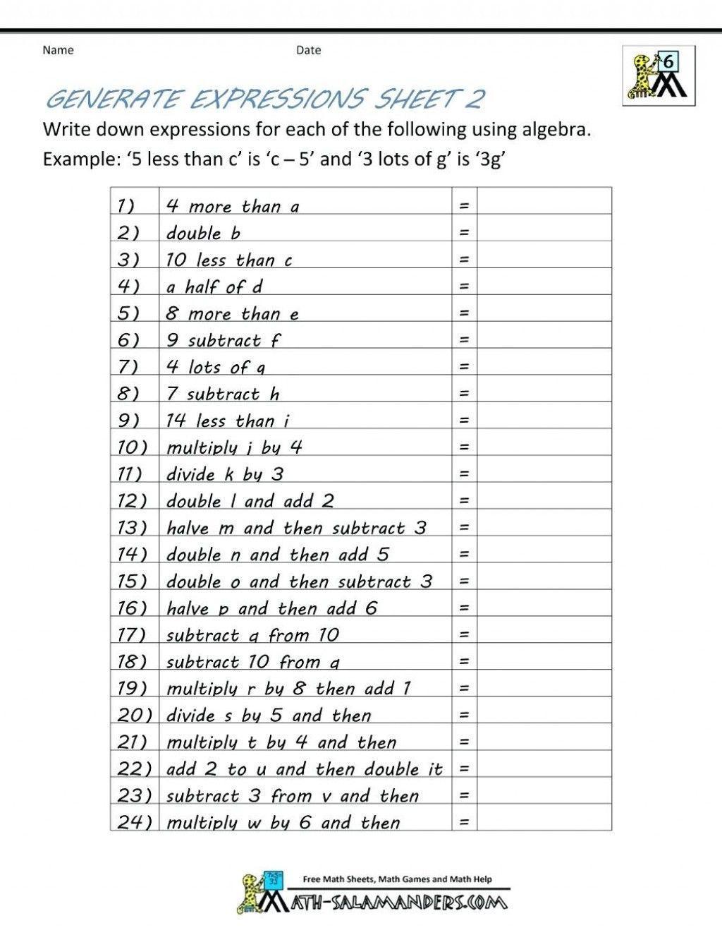 90 Printable Translating Algebraic Expressions Worksheet 31