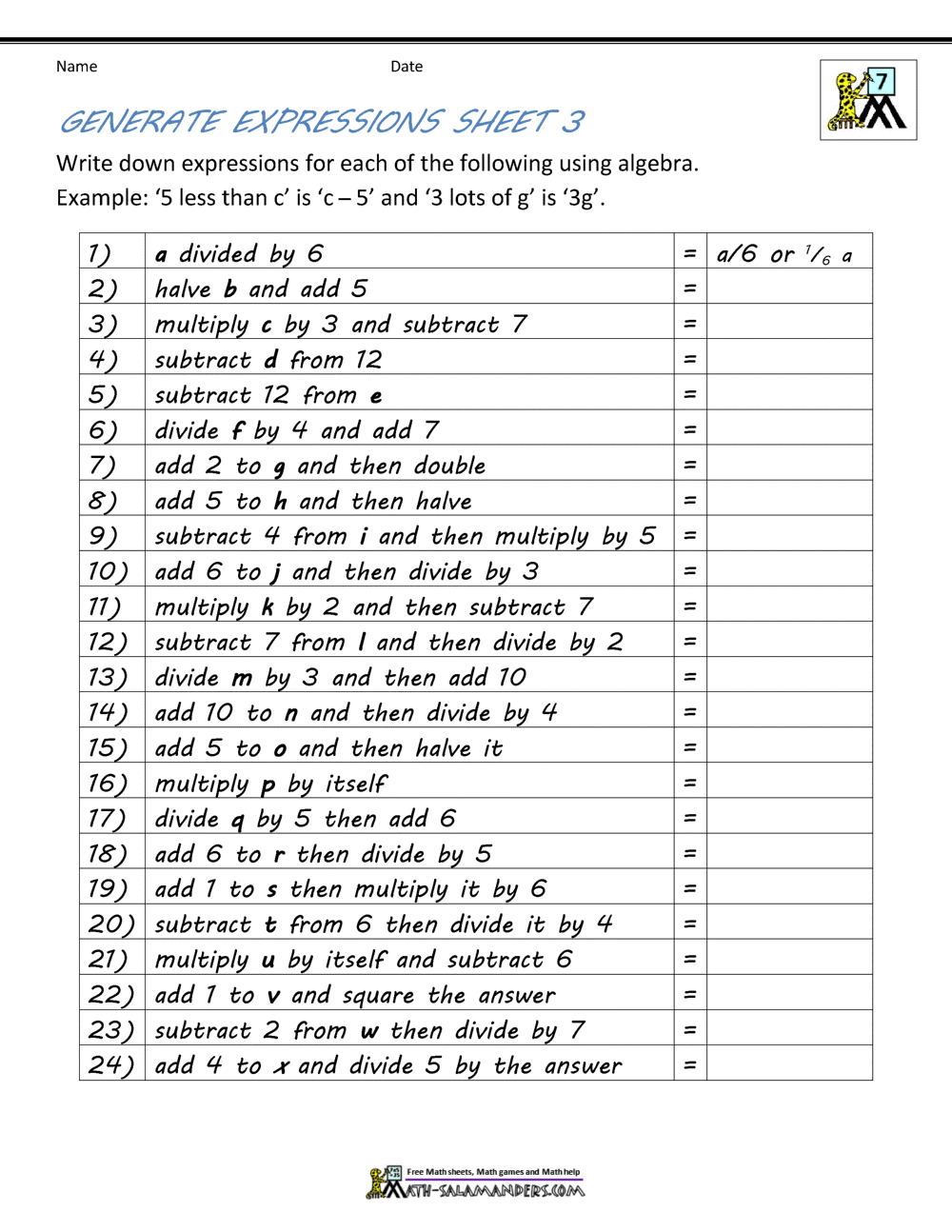 90 Printable Translating Algebraic Expressions Worksheet 37