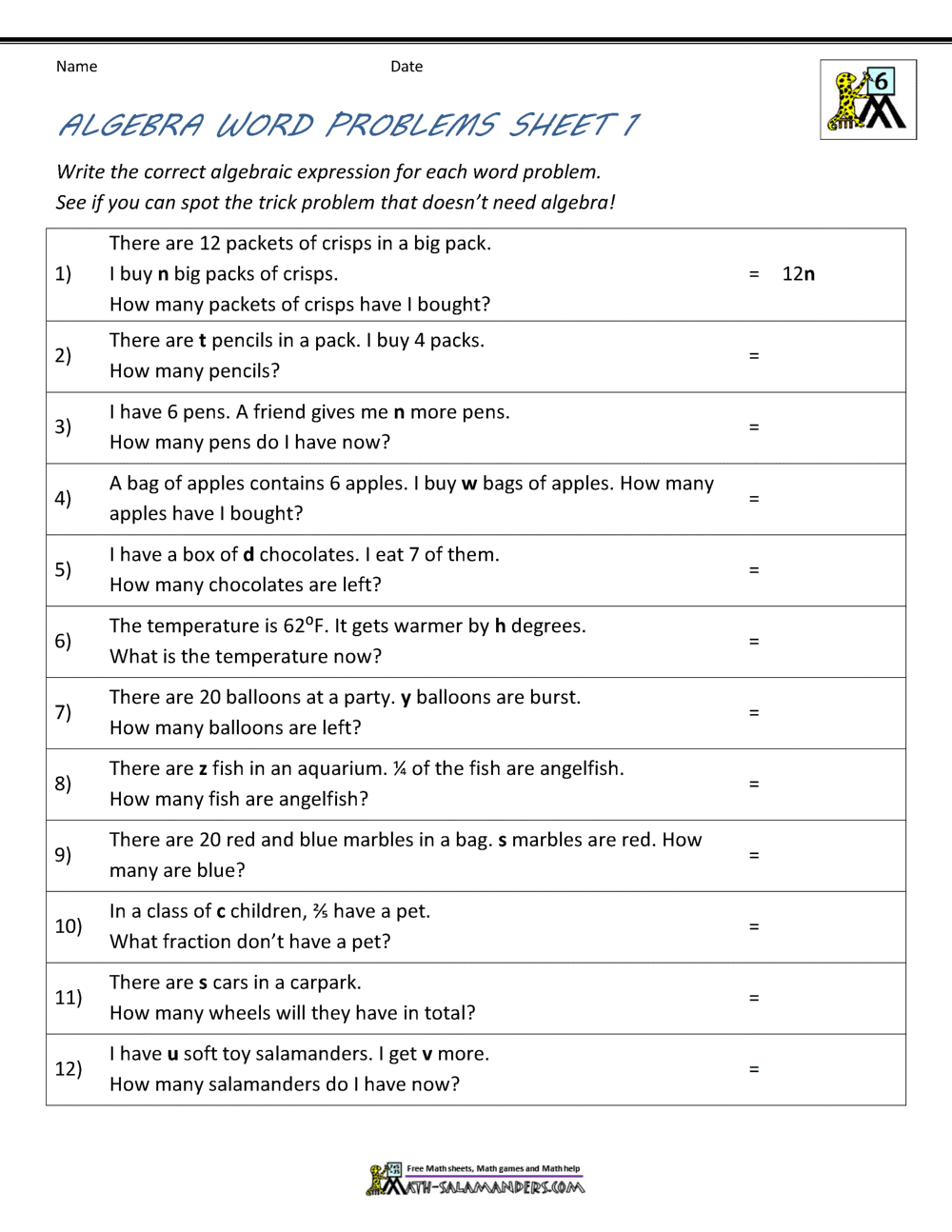 90 Printable Translating Algebraic Expressions Worksheet 48