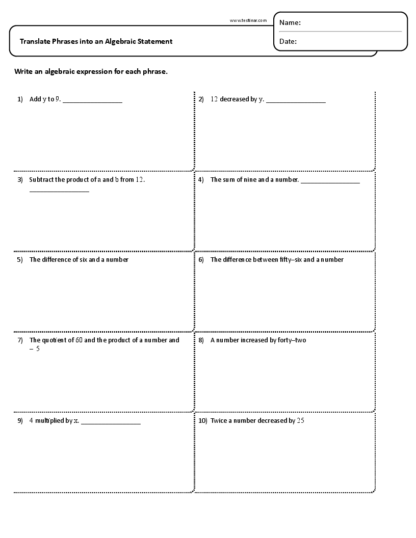 90 Printable Translating Algebraic Expressions Worksheet 50