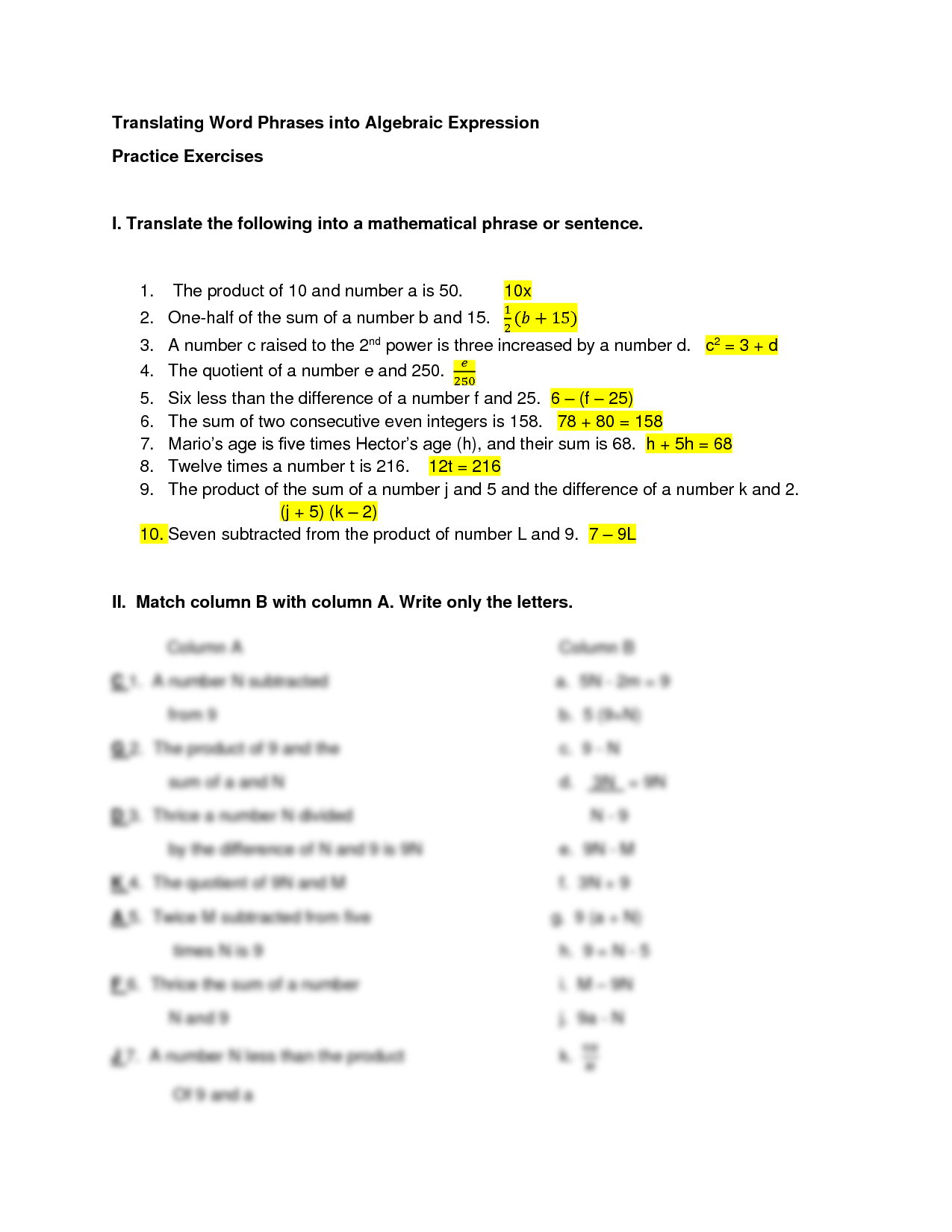 90 Printable Translating Algebraic Expressions Worksheet 62