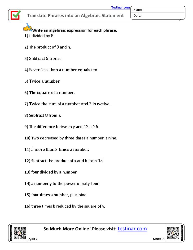 90 Printable Translating Algebraic Expressions Worksheet 7