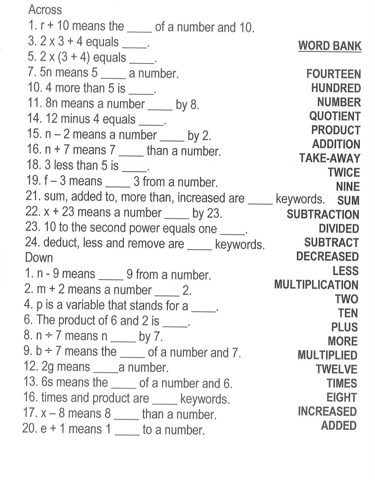 90 Printable Translating Algebraic Expressions Worksheet 72