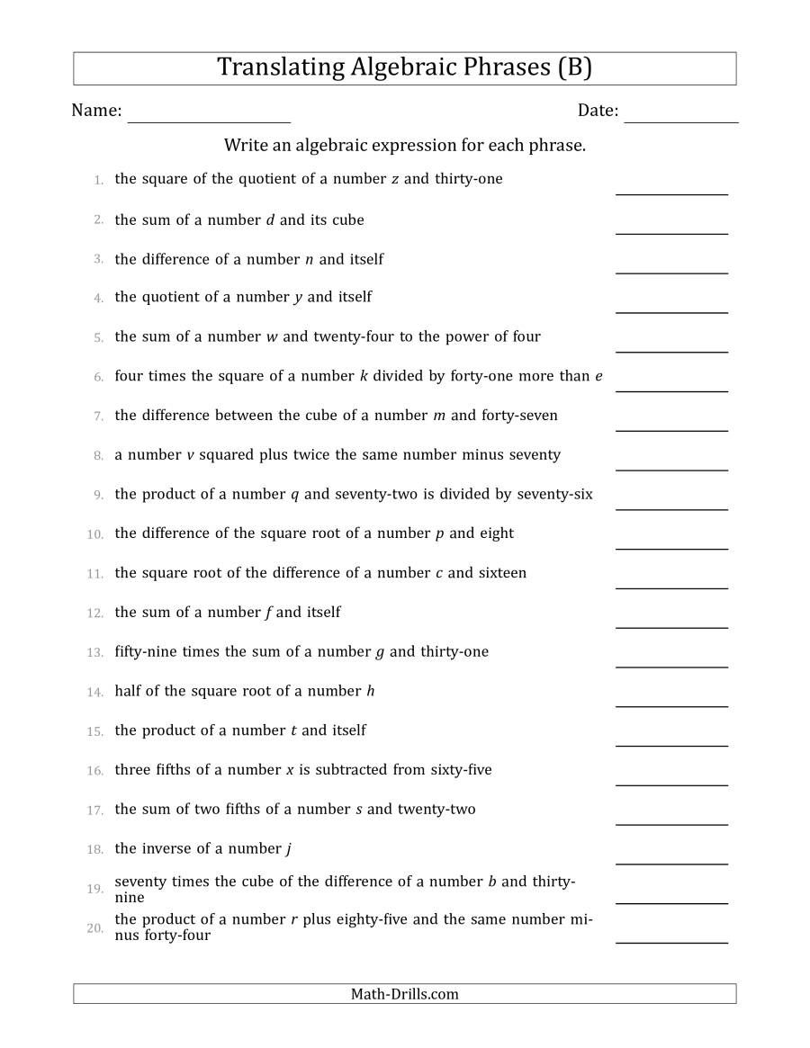 90 Printable Translating Algebraic Expressions Worksheet 77