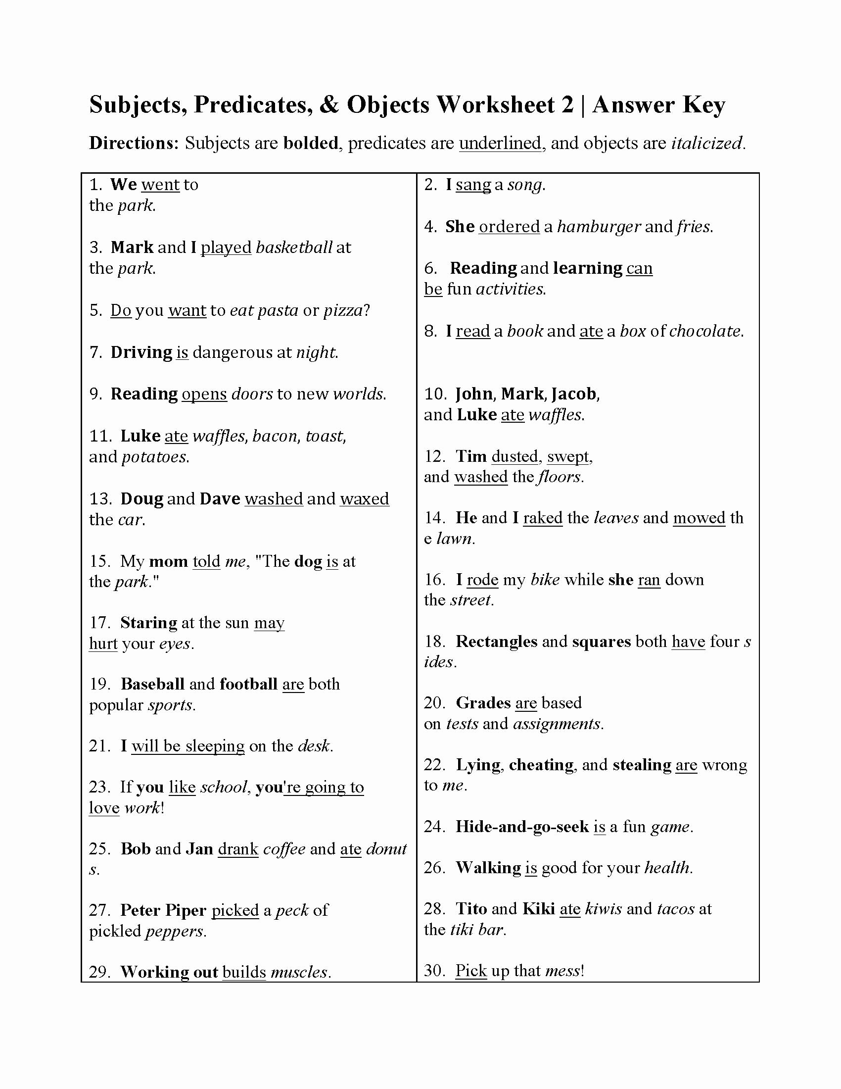 Save 85 Subjects And Predicates Worksheet 14