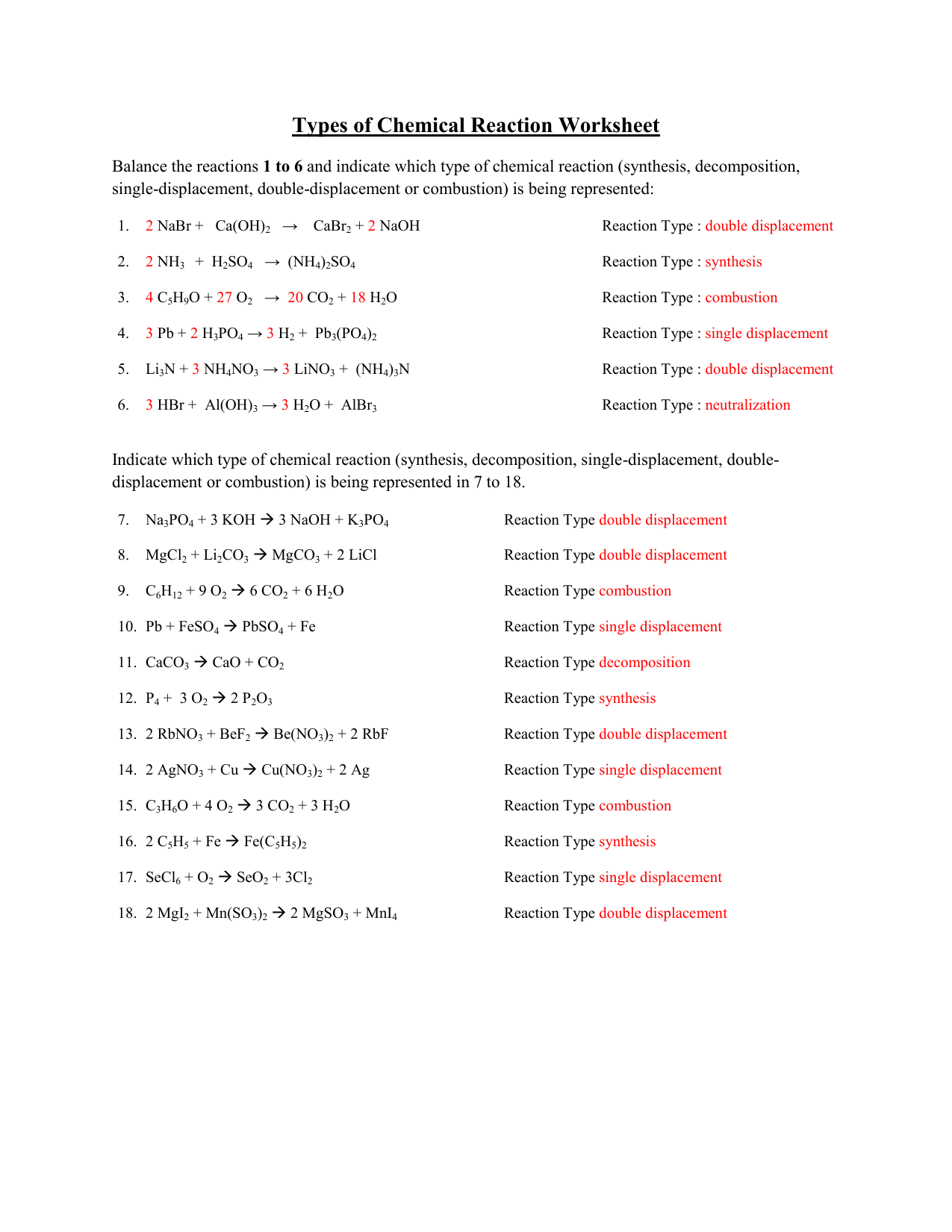 Best 45 Types Of Chemical Reactions Worksheets Ideas 15