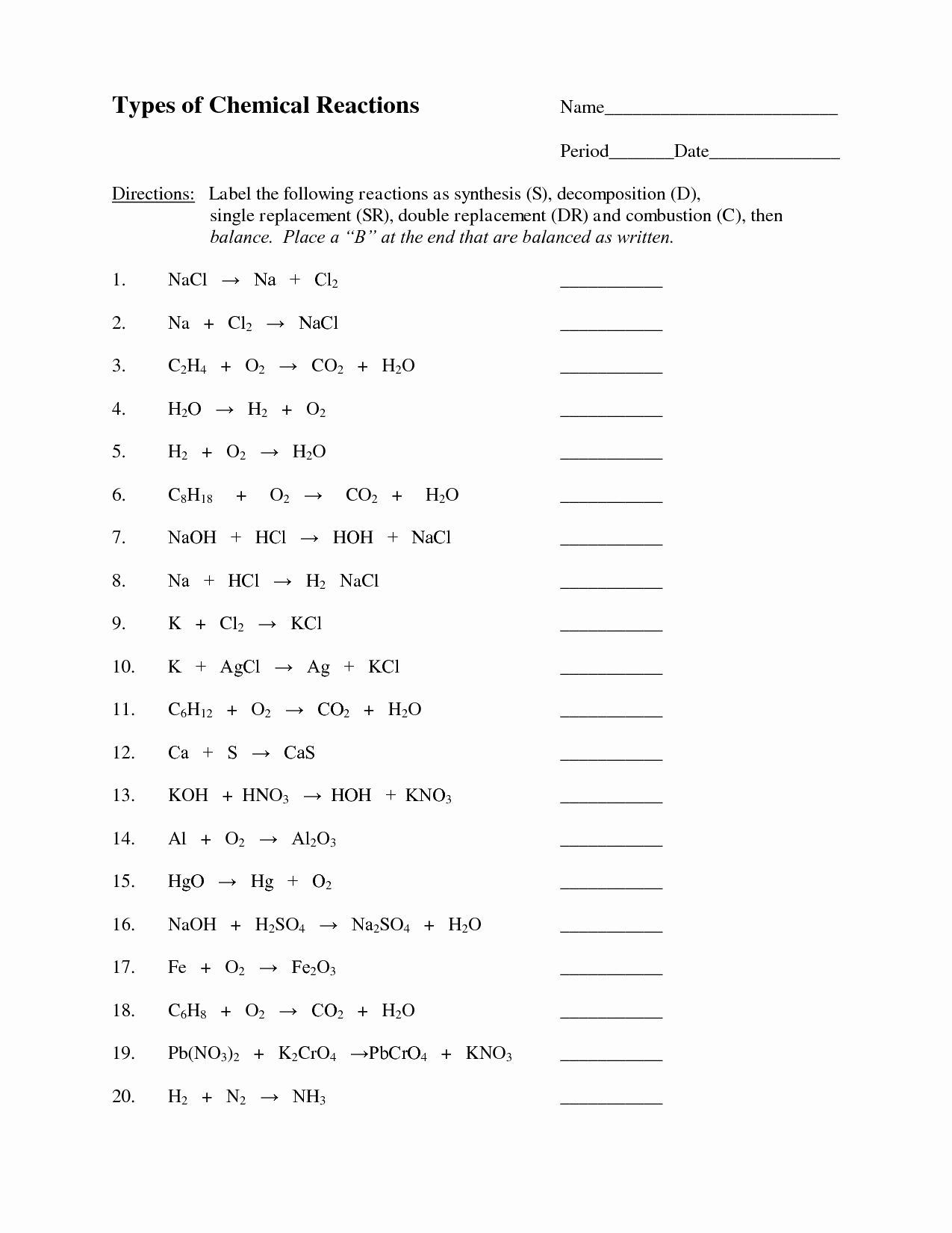 Best 45 Types Of Chemical Reactions Worksheets Ideas 33