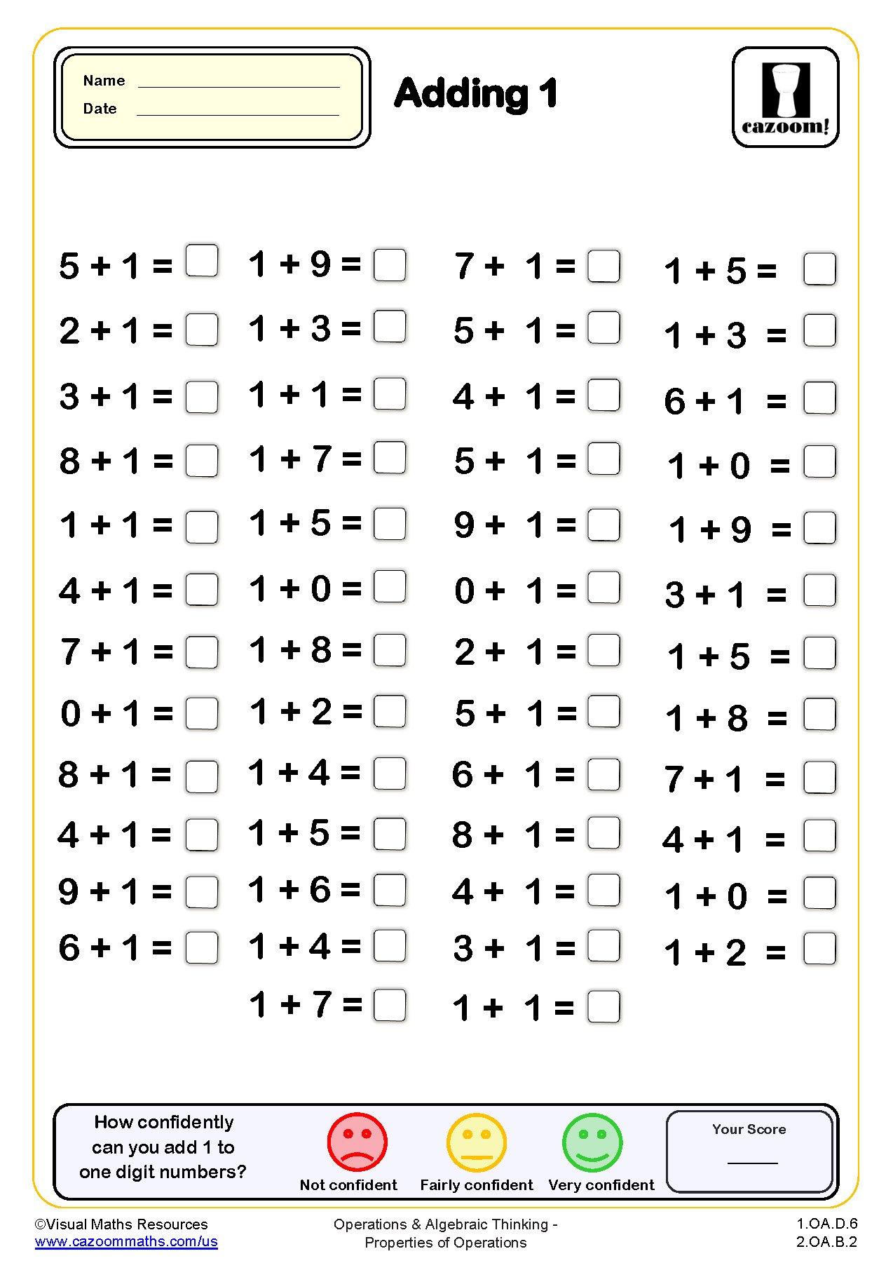 Adding 1 Drills Worksheet 50 questions PDF printable Addition
