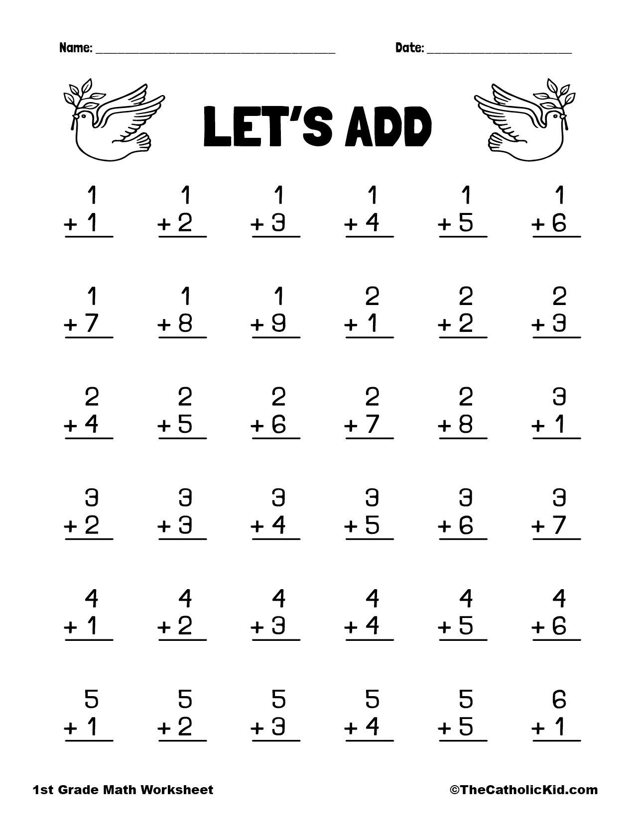 Lets Add 1st Grade Math Worksheet Catholic Dove Themed