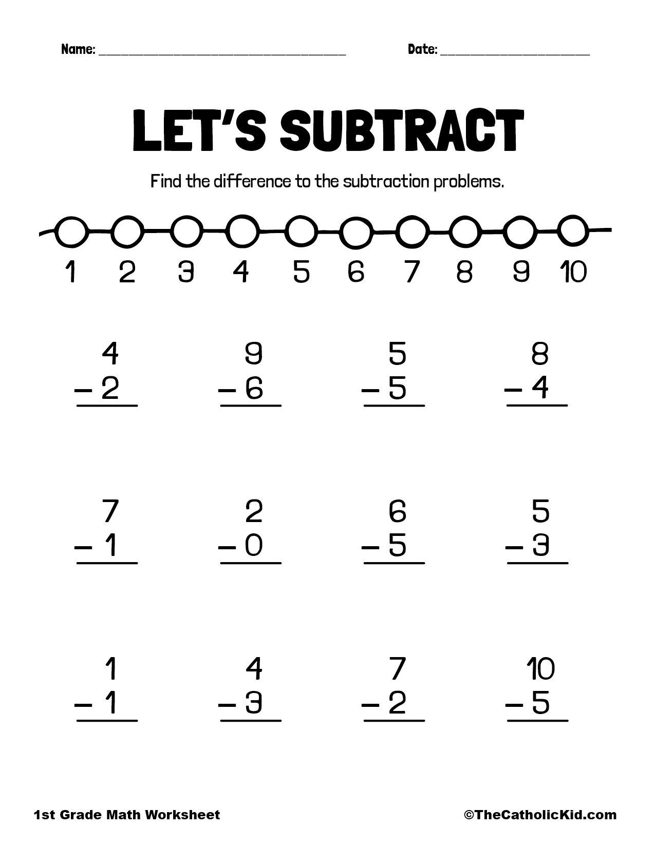 Lets Subtract 1st Grade Math Worksheet Catholic TheCatholicKidcom