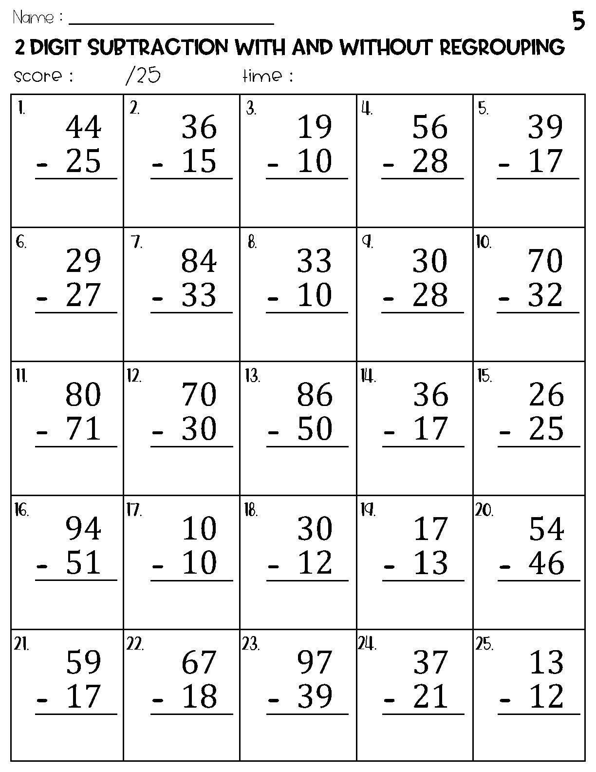 Two Digit Subtraction With and Without Regrouping Worksheets Etsy Ireland
